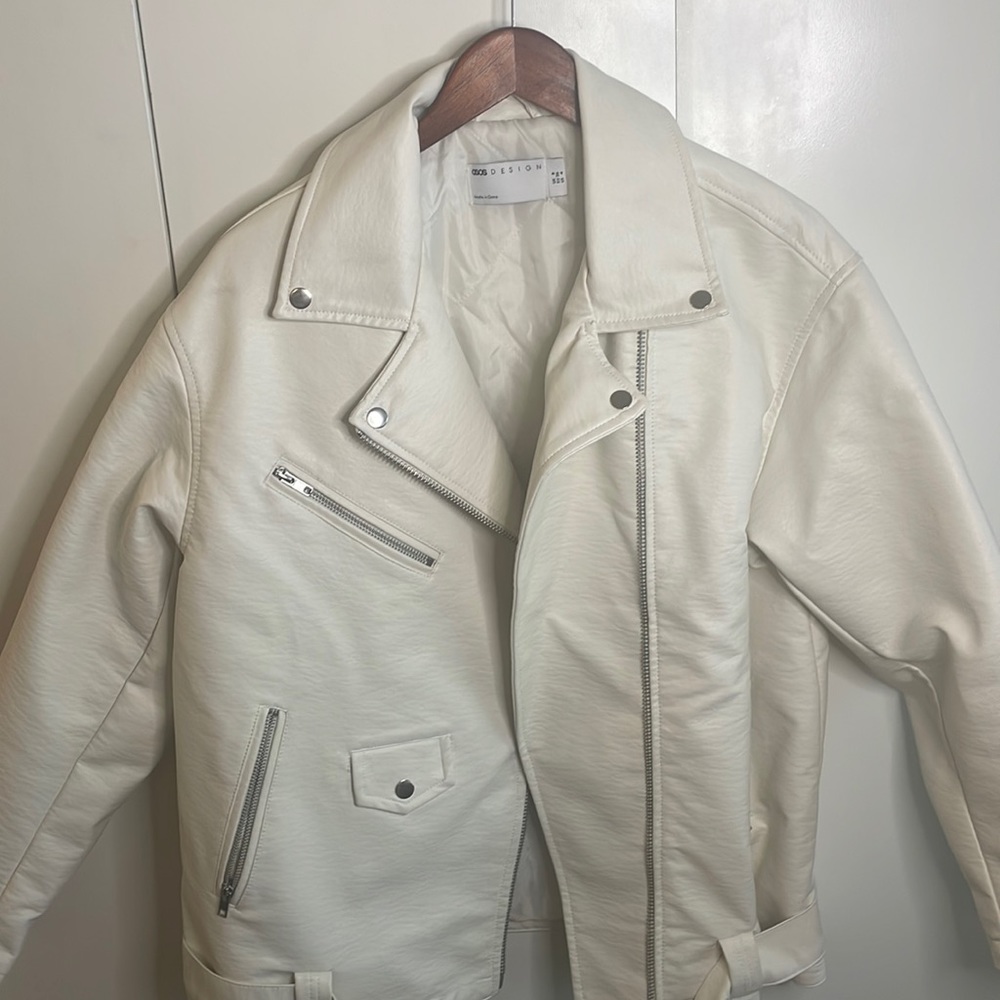 Oversized White Moto Jacket with Silver Details